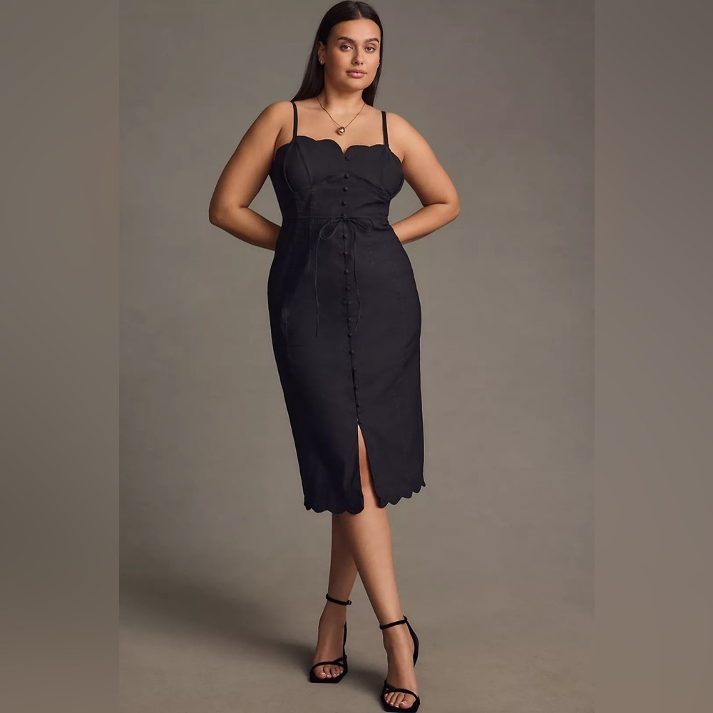Anthropologie Slim Scalloped Front Slit Corset Midi Dress 14 Black whimsigoth - Picture 2 of 16